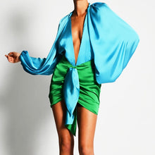 Load image into Gallery viewer, Cece Satin Bodysuit and Skirt Set in Blue/Green
