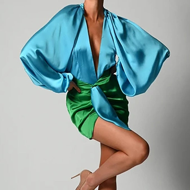 Cece Satin Bodysuit and Skirt Set in Blue/Green