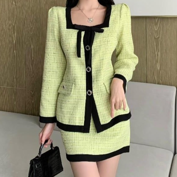BRIANNA Mint Green and Black Skirt Suit